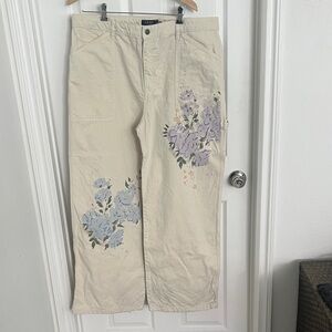 Ralph Lauren Beige Wide-Leg Pants with Purple & Blue Floral Print